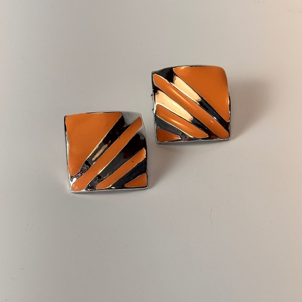 1980s Vintage Earrings Orange Silver Enamel Heavy Square Geometric Striped Studs